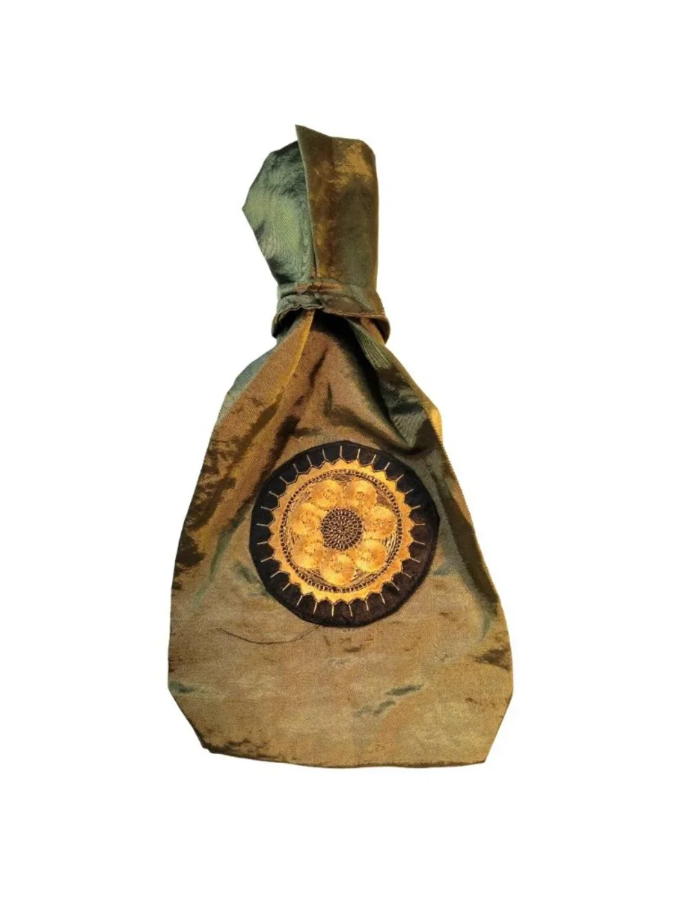 Fabric Wine Bottle Bag Green Embroidered Gold Flower Medallion Boho Gift